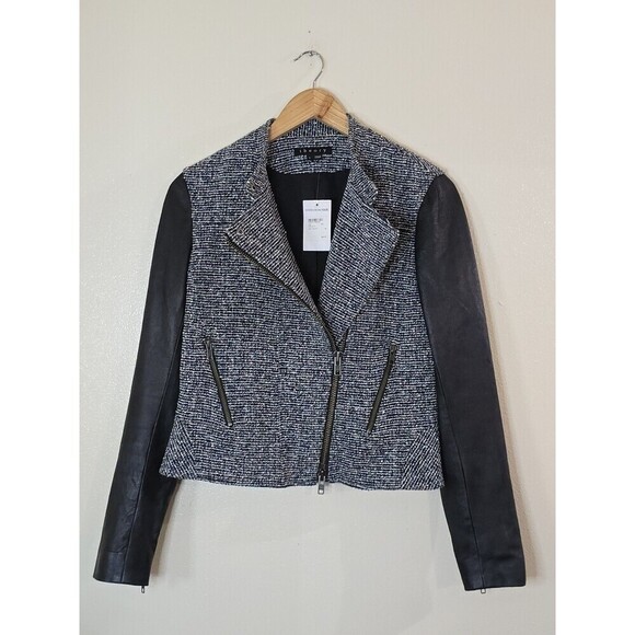 Theory Kinde C Moto Jacket Tweed Lamb Leather Sleeves Navy Multi Size 8 NWT